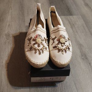 Embellished Espadrilles, NWT, off white, tan beige slip on, flat, size 8